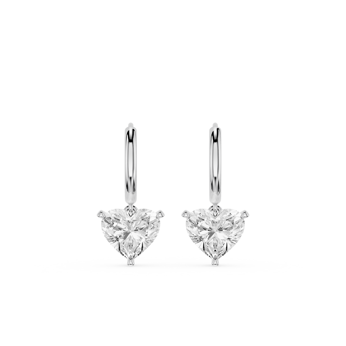 Heart Shape Lab Diamond Dangle Hoop Earrings in White Gold with solitaire heart-cut diamonds, polished hoop silhouette, minimalist drop style, everyday wear