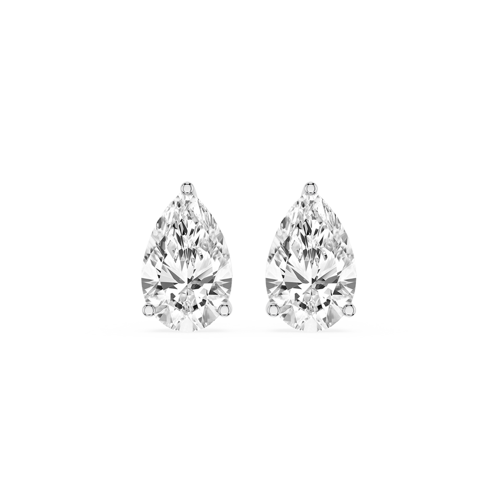Pair of pear-shaped diamond earrings on a white background