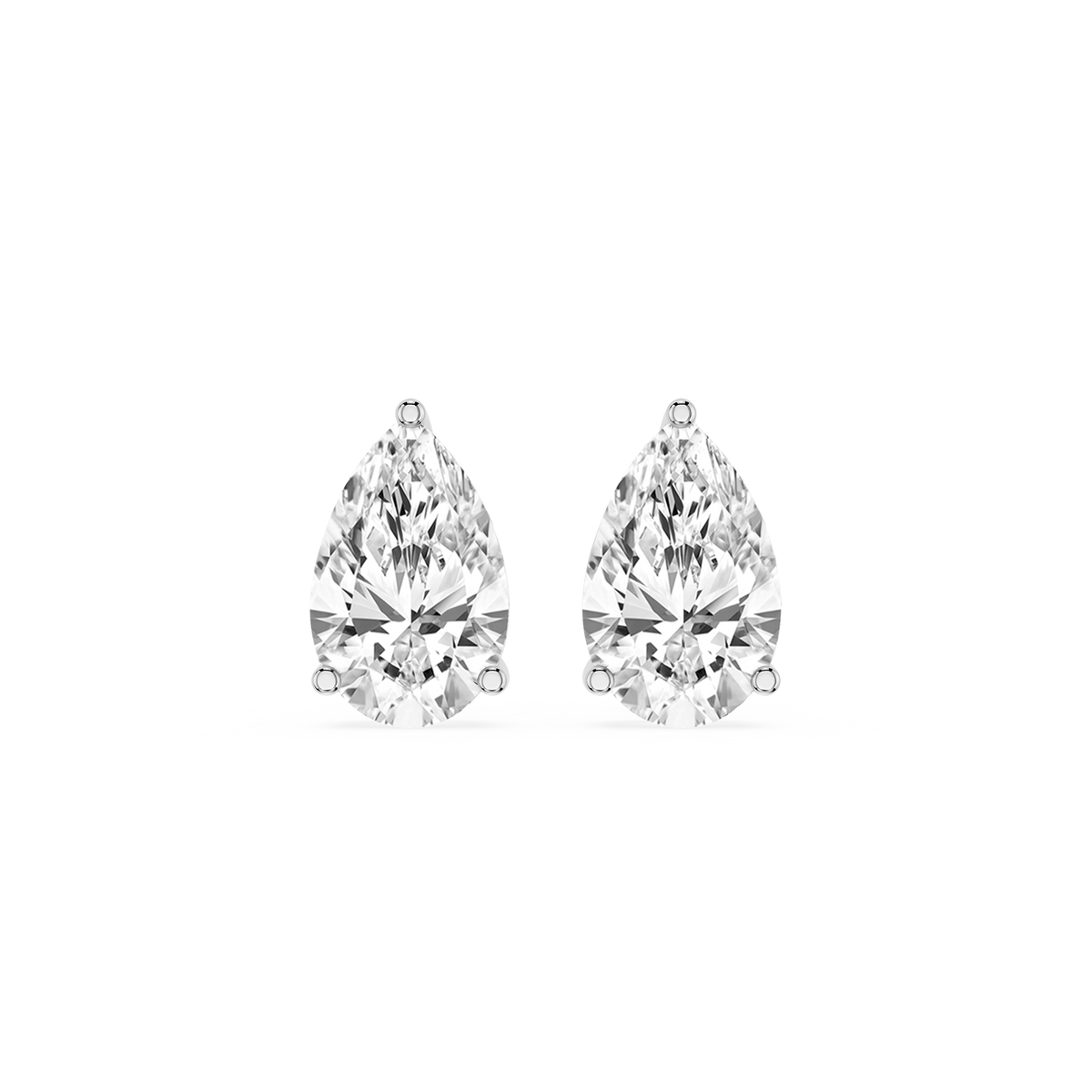 White gold pear cut lab diamond stud earrings with a secure three-prong solitaire setting.