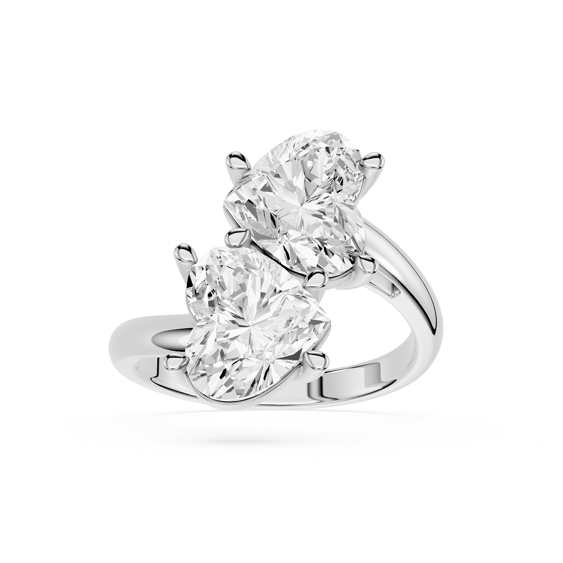 A Silver gold ring featuring two large pear-cut clear gemstones in a split-prong setting, shown on a clean white background.