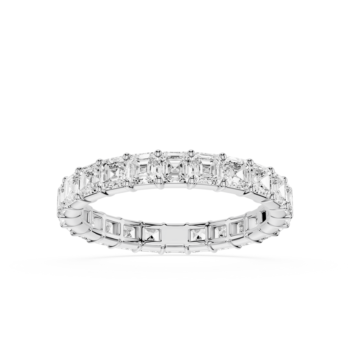White gold wedding band set with Asscher cut lab grown diamonds, offering a balanced design with a modern yet classic appearance.