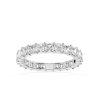 A Silver gold eternity ring featuring a continuous row of baguette-cut clear diamonds on the top and smaller round diamonds on the sides, set against a plain white background.