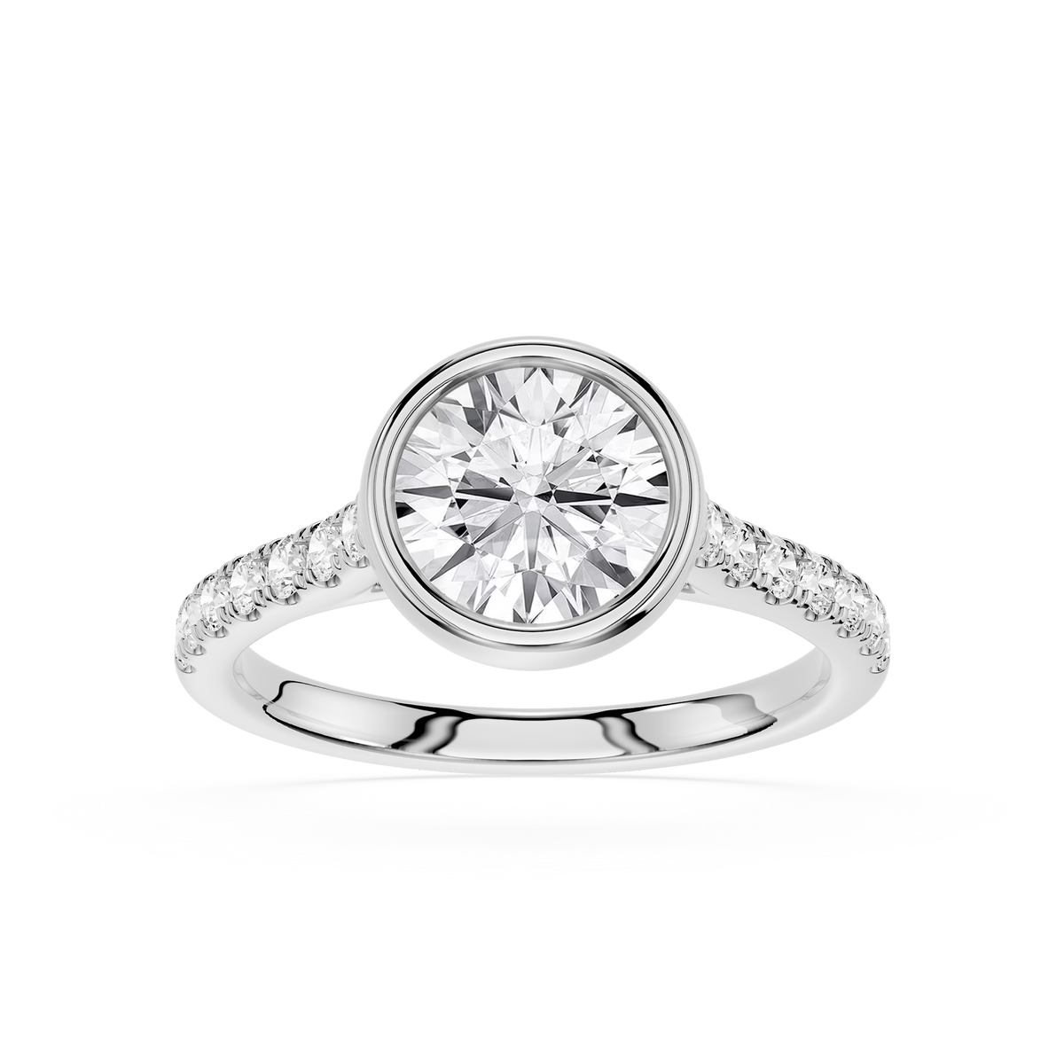 White gold round bezel set lab grown diamond engagement ring with pavé diamonds, solitaire ring, bridal jewelry, wedding ring