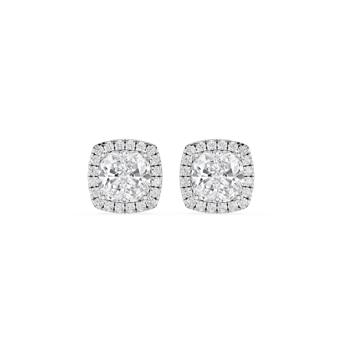 Cushion Cut Lab Grown Diamond Halo Stud Earrings in White Gold with a cushion-shaped center stone and diamond halo border. Secure screw back earrings crafted for daily wear.