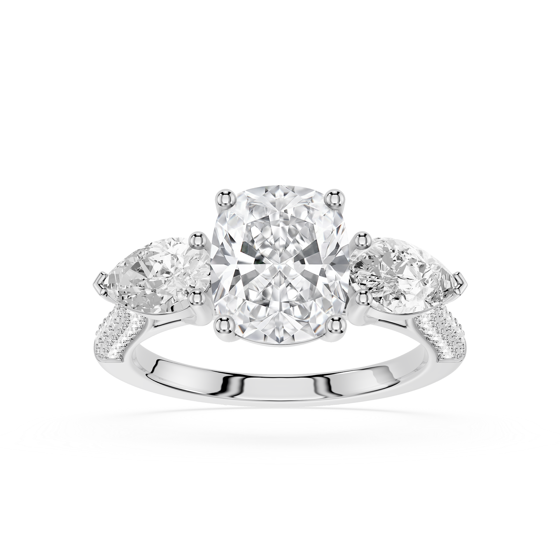 Diamond ring with three clear gemstones on a white background