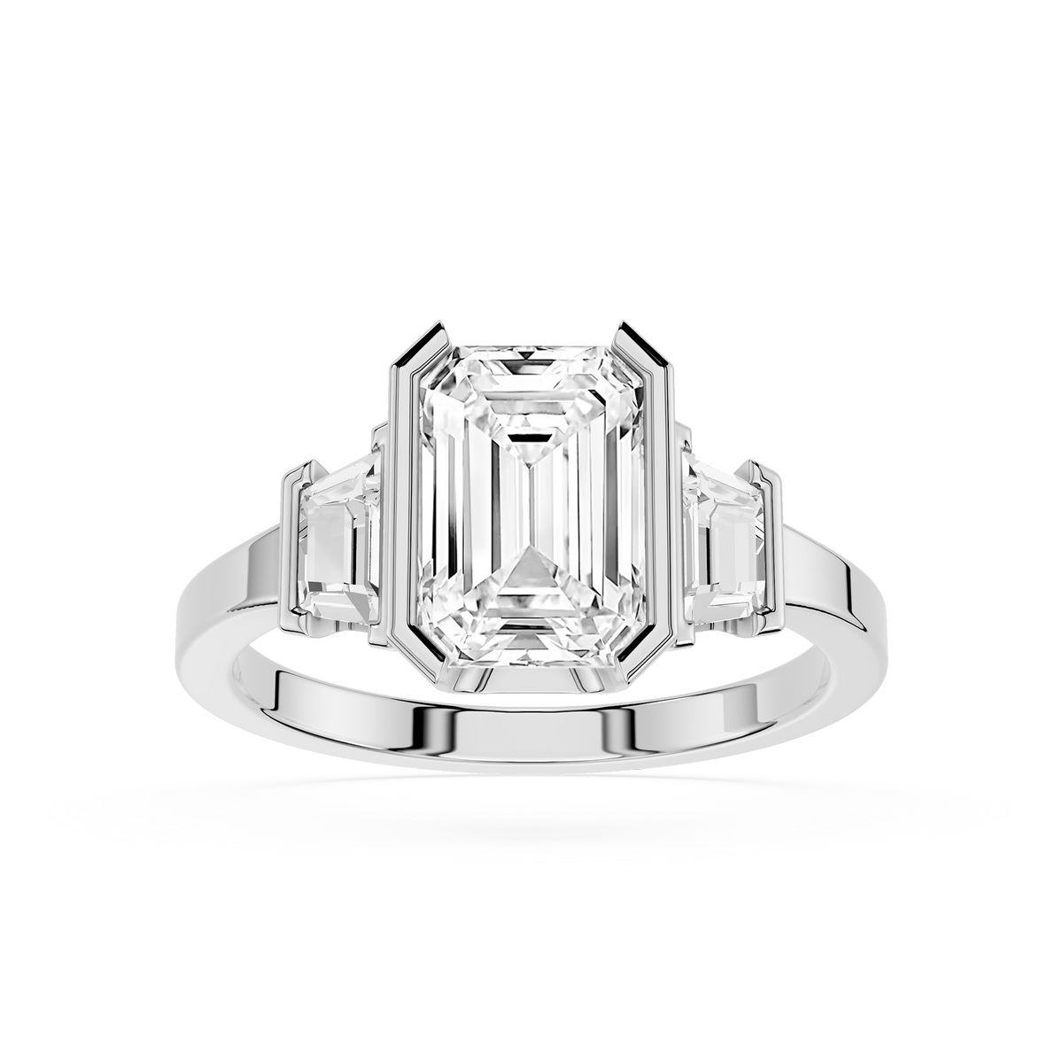 White Gold Emerald Cut Lab Diamond Semi Bezel Trio Engagement Ring