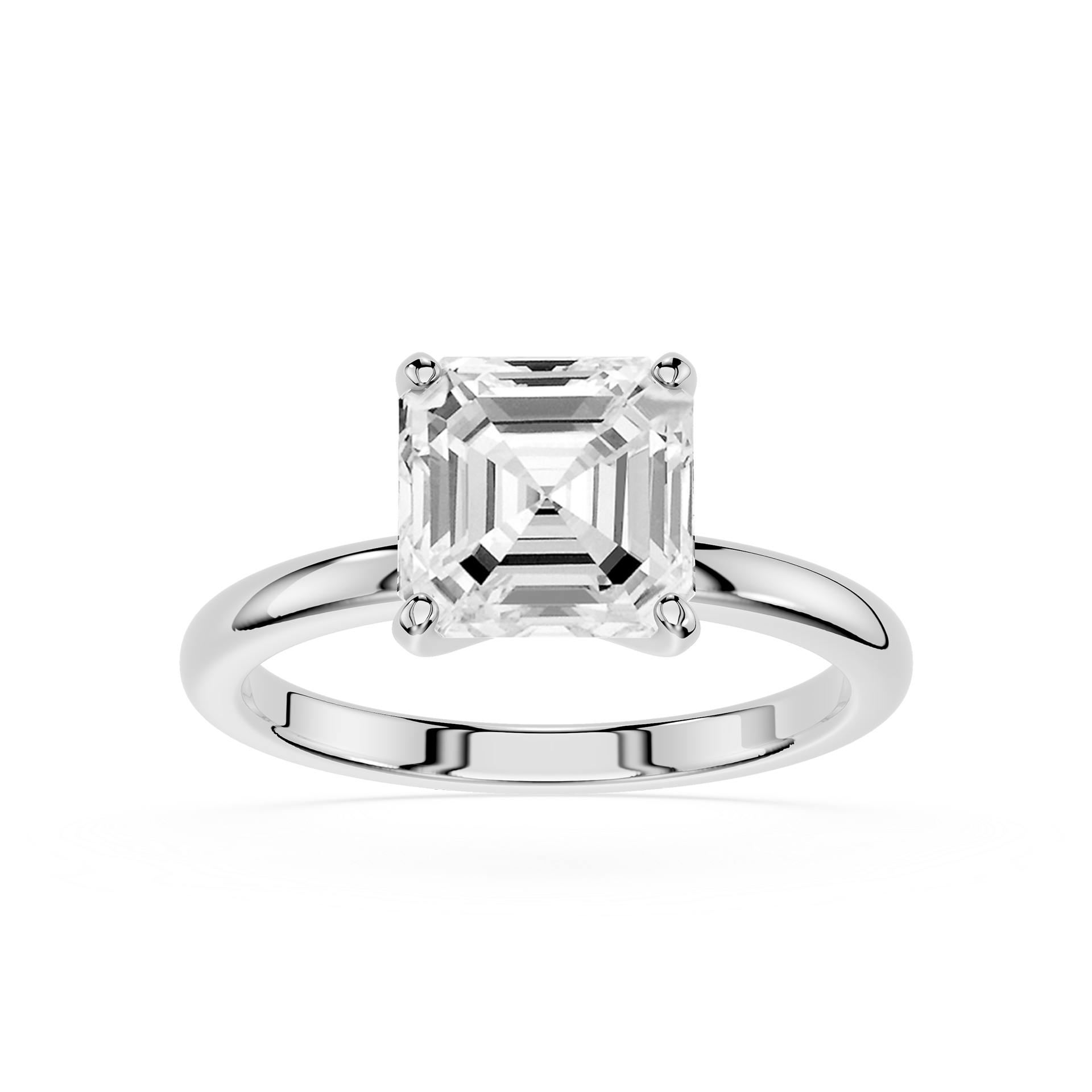Diamond ring with emerald-cut diamond on a white background