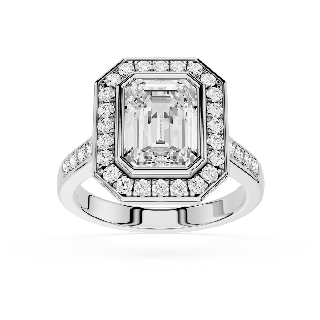 Diamond ring with a central emerald-cut diamond and smaller diamonds on a white background