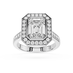 Diamond ring with a central emerald-cut diamond and smaller diamonds on a white background