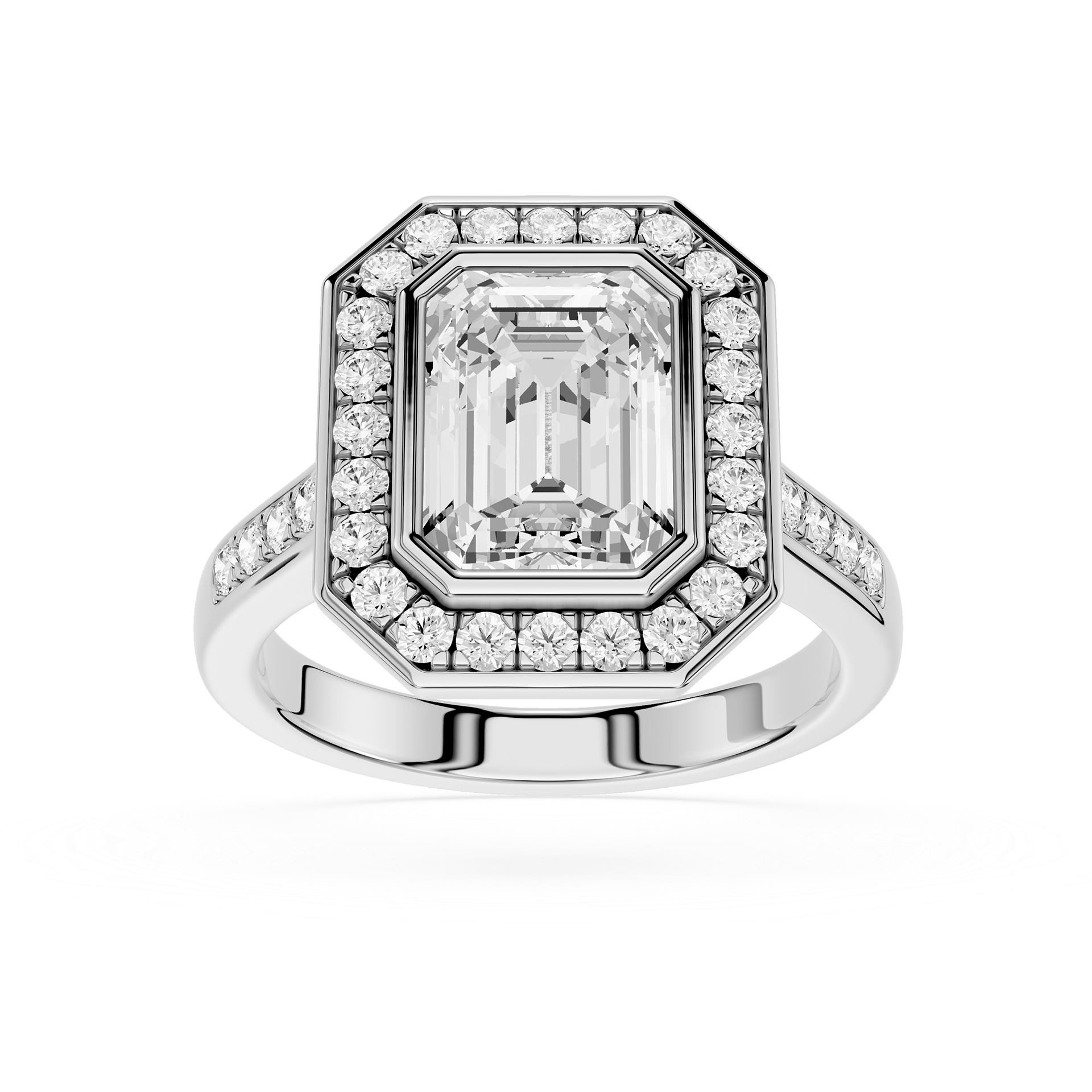 Diamond ring with a central emerald-cut diamond and smaller diamonds on a white background
