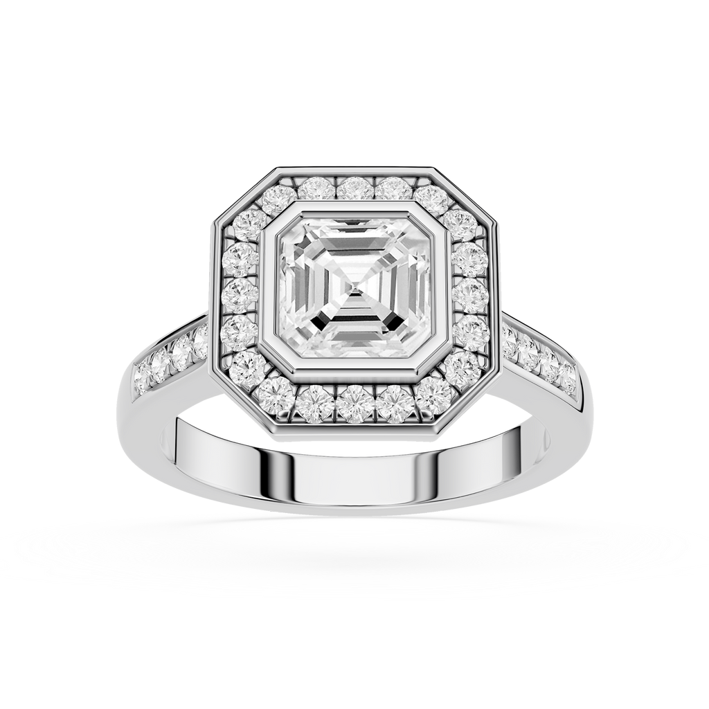 Diamond ring with a central gemstone and smaller diamonds on a white background