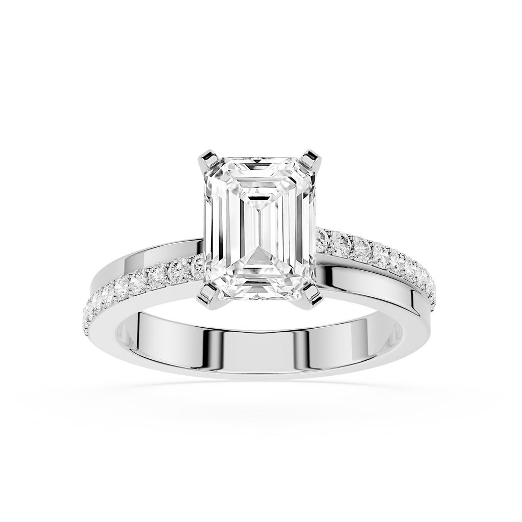 Diamond ring with emerald-cut center stone and smaller diamonds on a white background