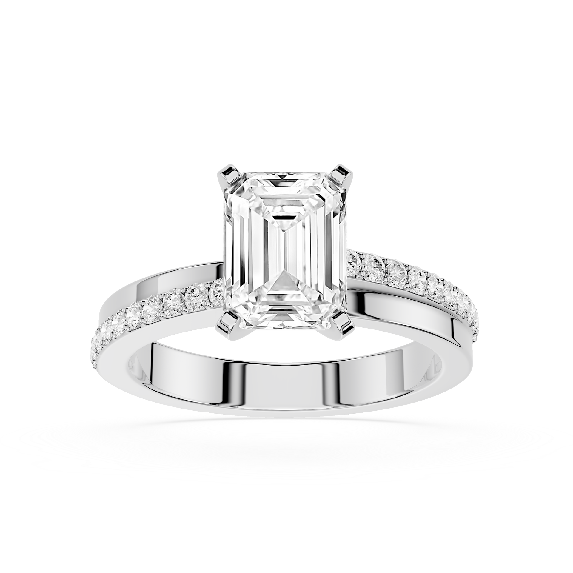 Diamond ring with emerald-cut center stone and smaller diamonds on a white background