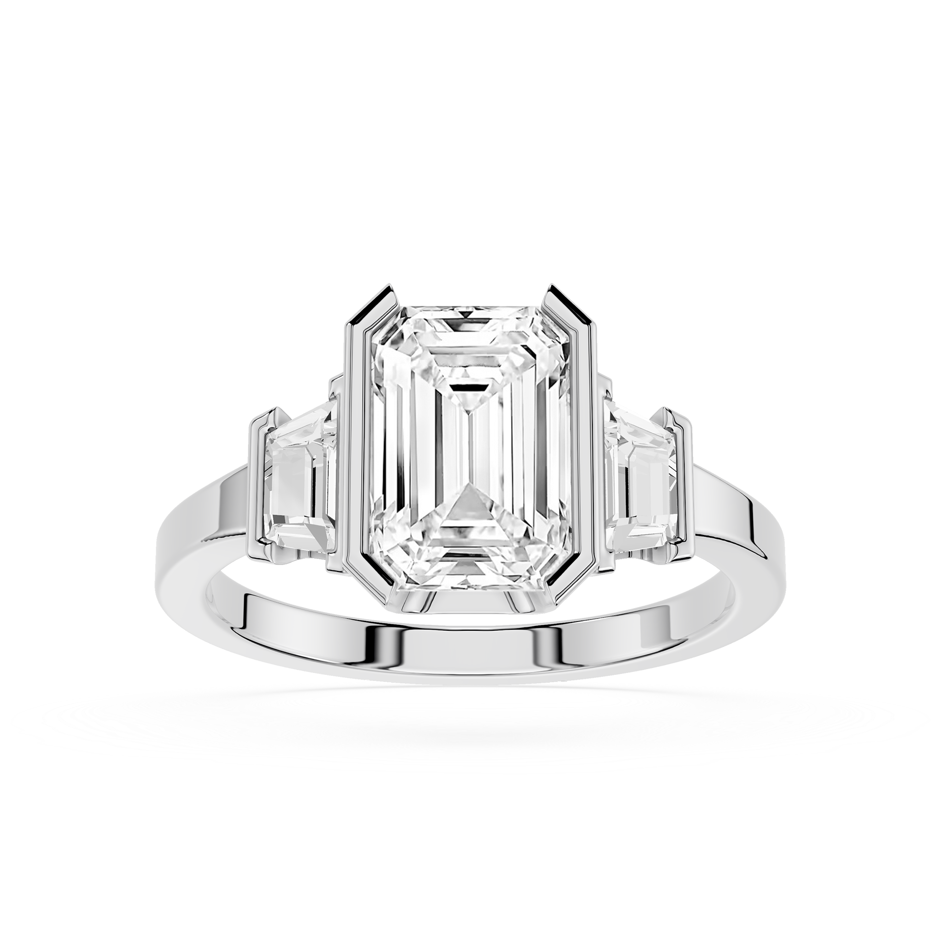 Diamond ring with emerald-cut center stone and baguette side stones on a white background
