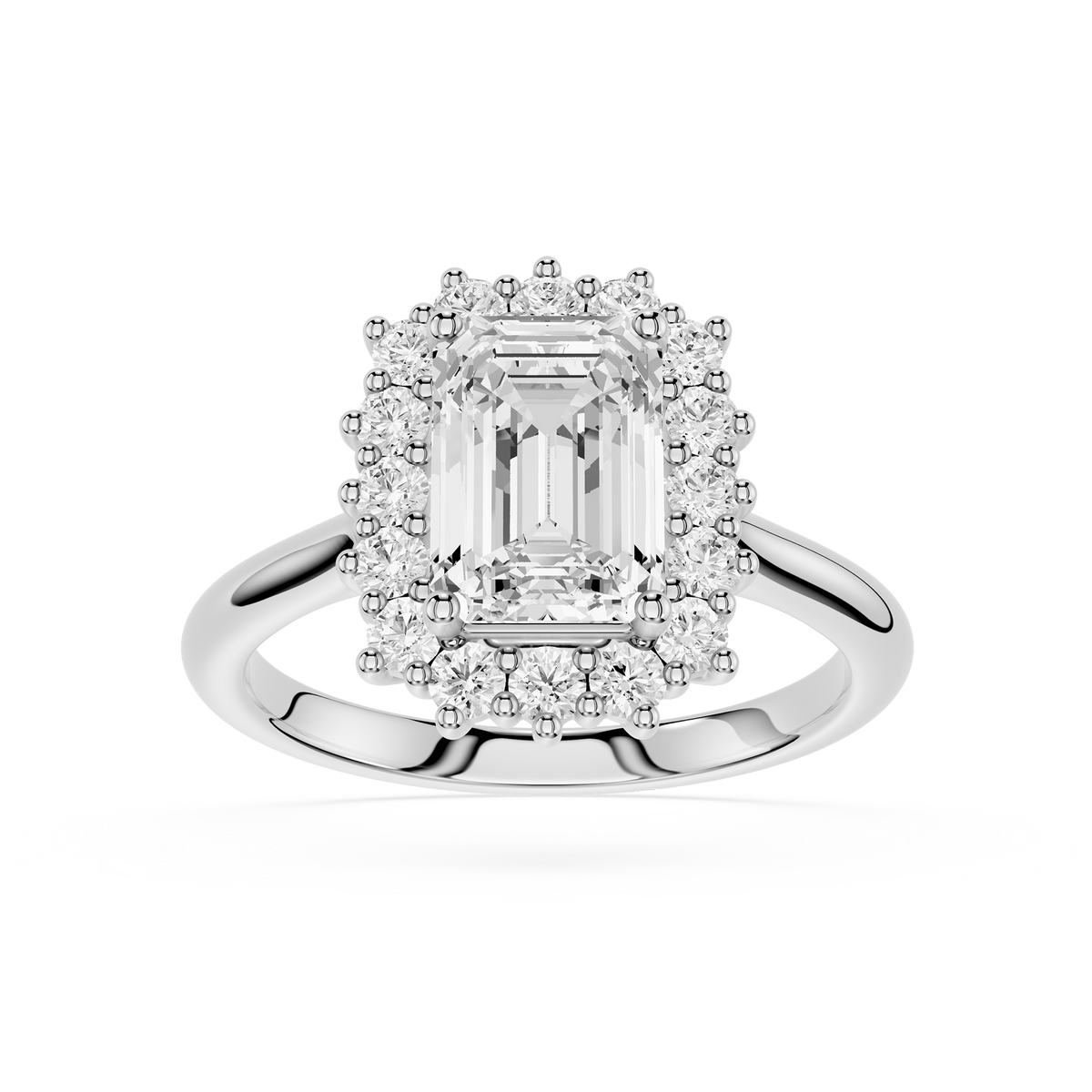 An emerald-cut 14KT white gold halo ring for her, featuring baguette, round, and marquise-cut diamonds.