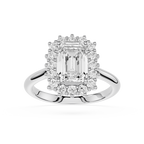 An emerald-cut halo ring featuring a central clear baguette diamond surrounded by a double halo of smaller round and marquise-cut diamonds, set in a polished silver-colored metal band on a white background.