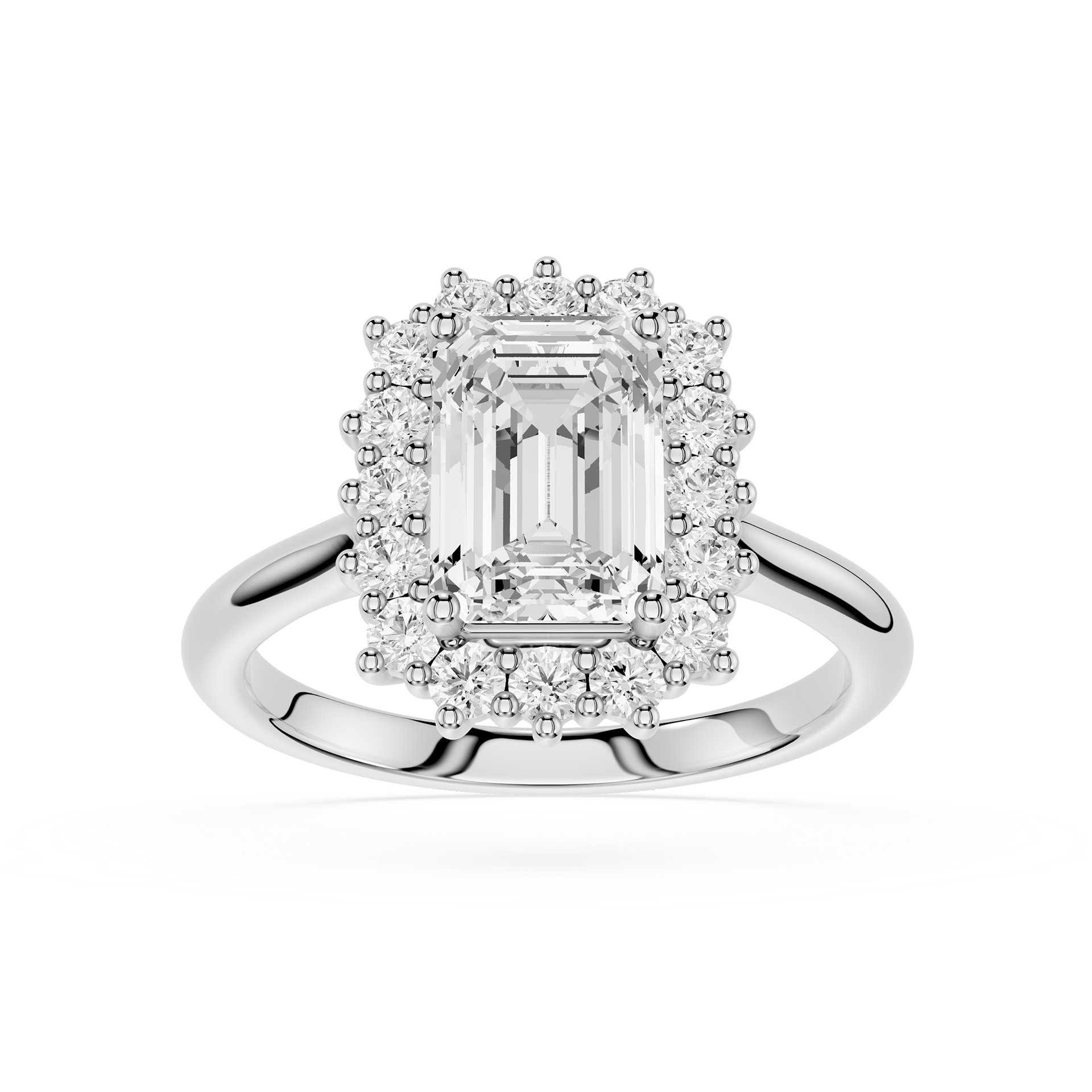 An emerald-cut halo ring featuring a central clear baguette diamond surrounded by a double halo of smaller round and marquise-cut diamonds, set in a polished silver-colored metal band on a white background.
