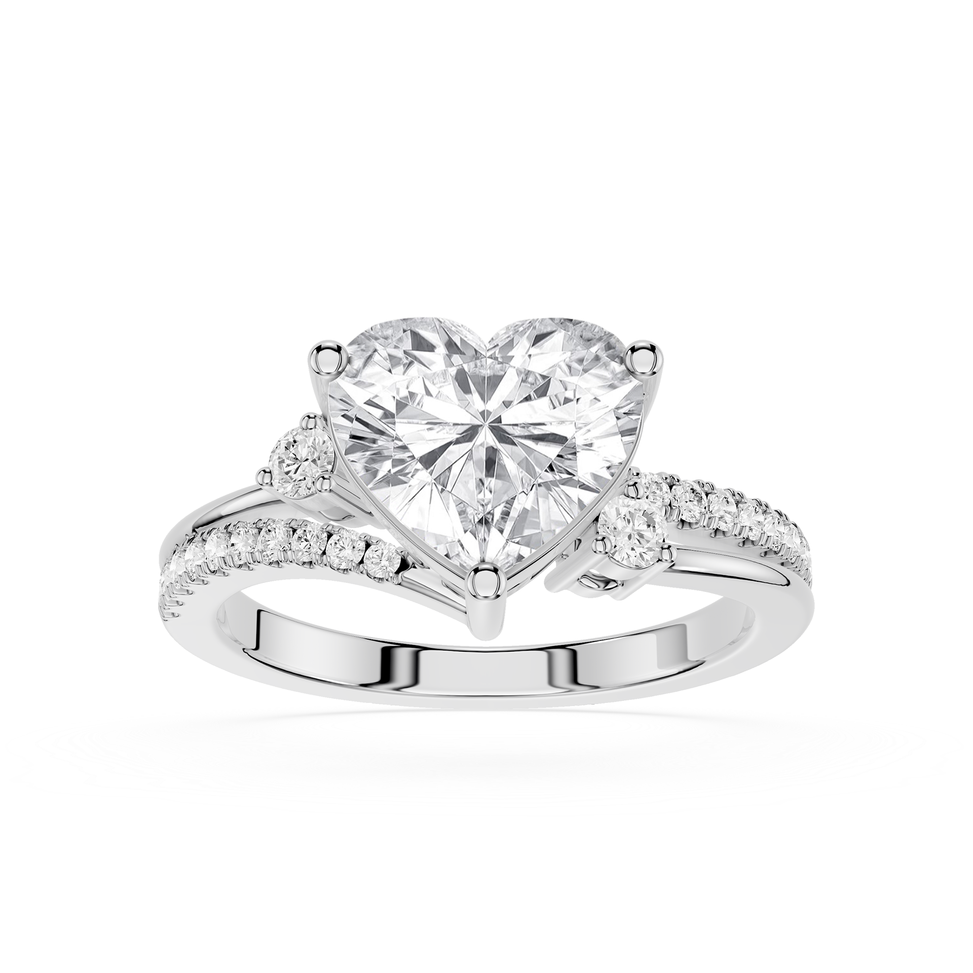 A heart-shaped diamond engagement ring with a brilliant center stone and pavé-set side stones on a polished silver-colored band, shown against a plain white background.