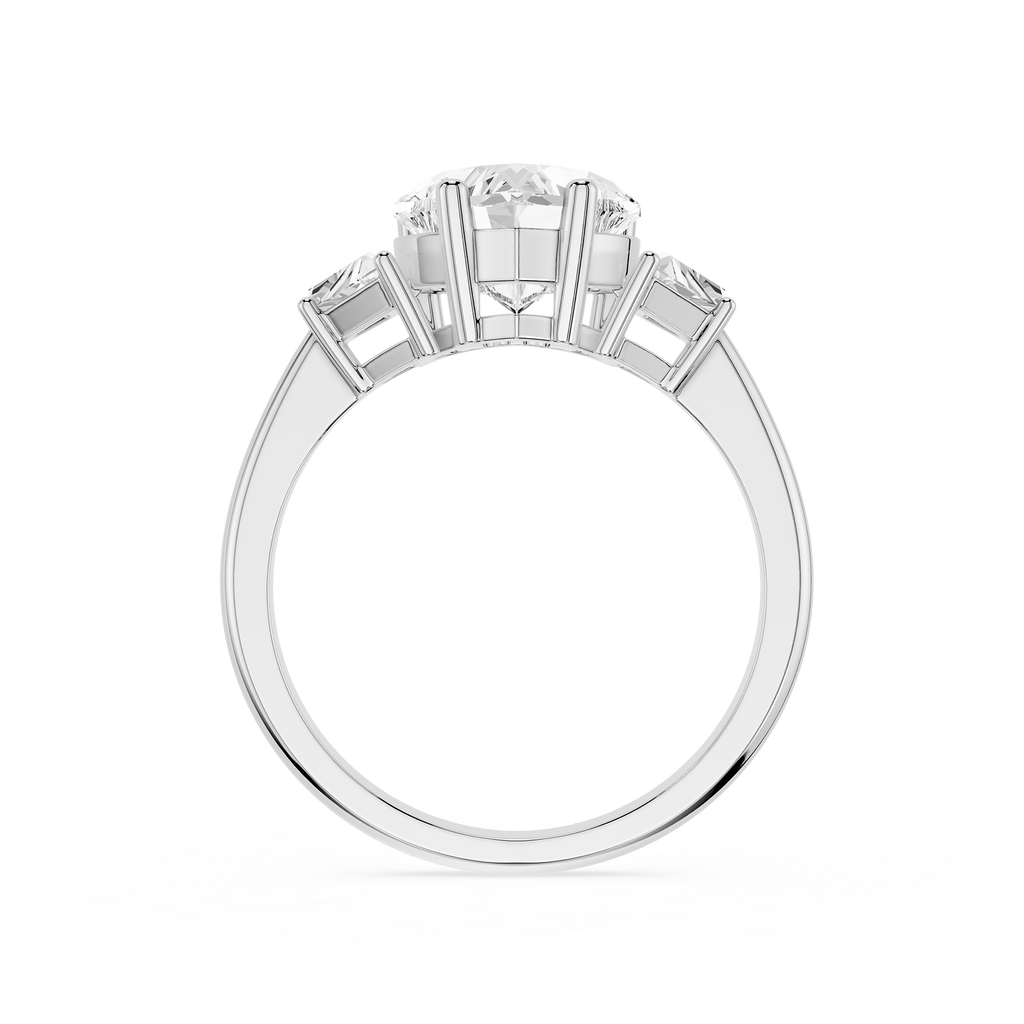 Diamond ring with a central gemstone and three smaller stones on a white background