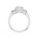 Diamond ring with a central gemstone and three smaller stones on a white background