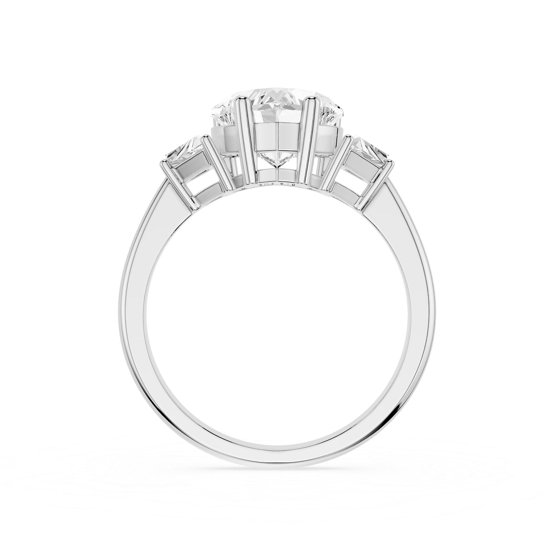 Diamond ring with a central gemstone and three smaller stones on a white background