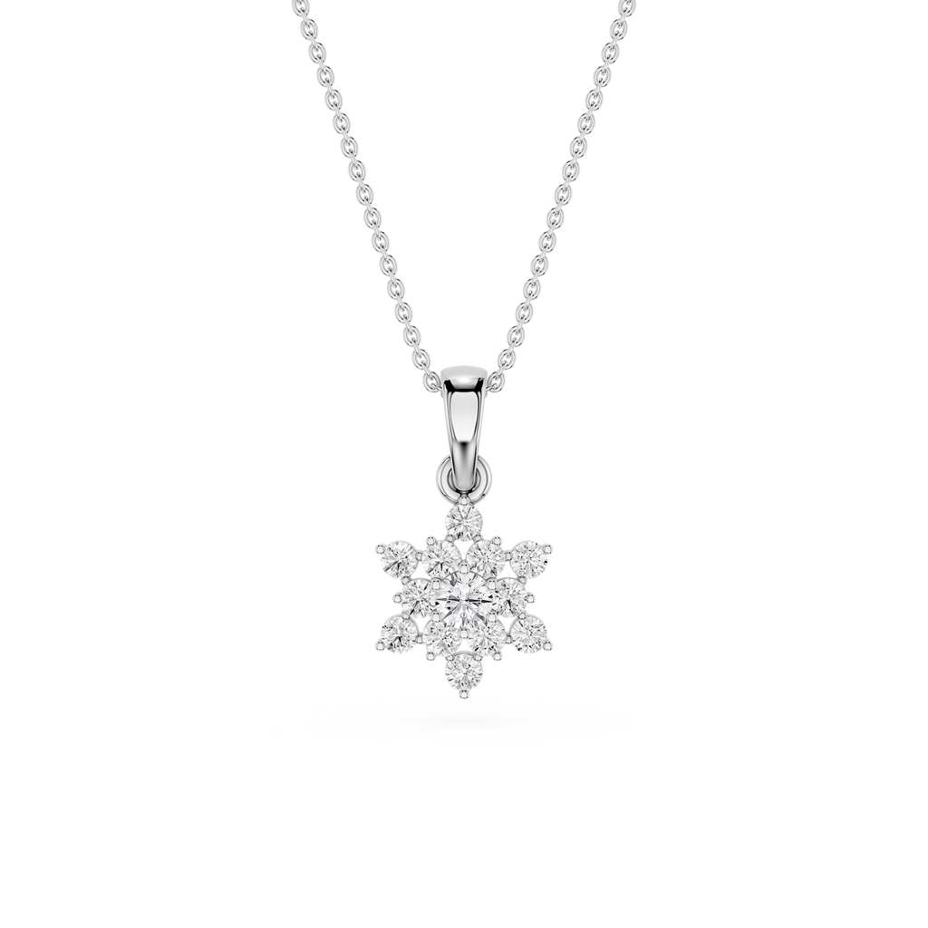 Snowflake-shaped diamond pendant on a chain against a white background