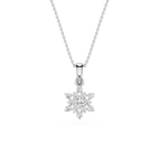 Snowflake-shaped diamond pendant on a chain against a white background