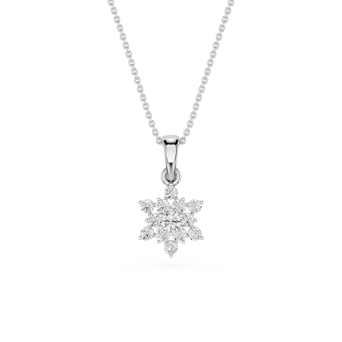 Snowflake-shaped diamond pendant on a chain against a white background