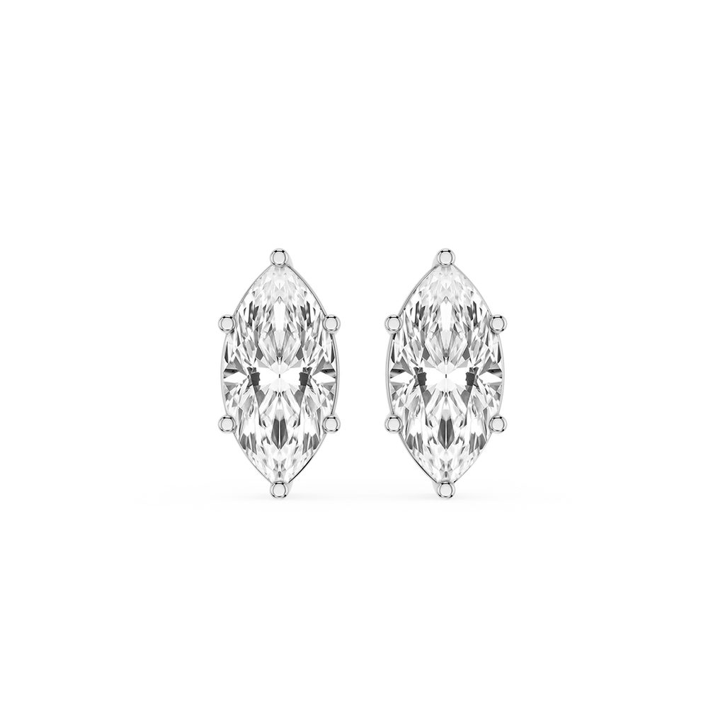 Pair of marquise-shaped diamond earrings on a white background