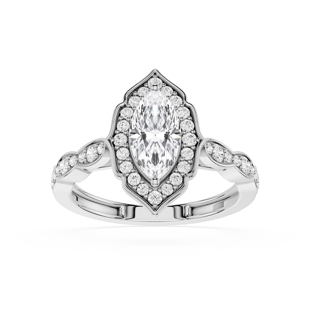 Diamond ring with a pear-shaped center stone on a white background