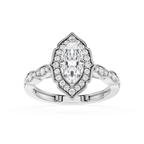 Diamond ring with a pear-shaped center stone on a white background