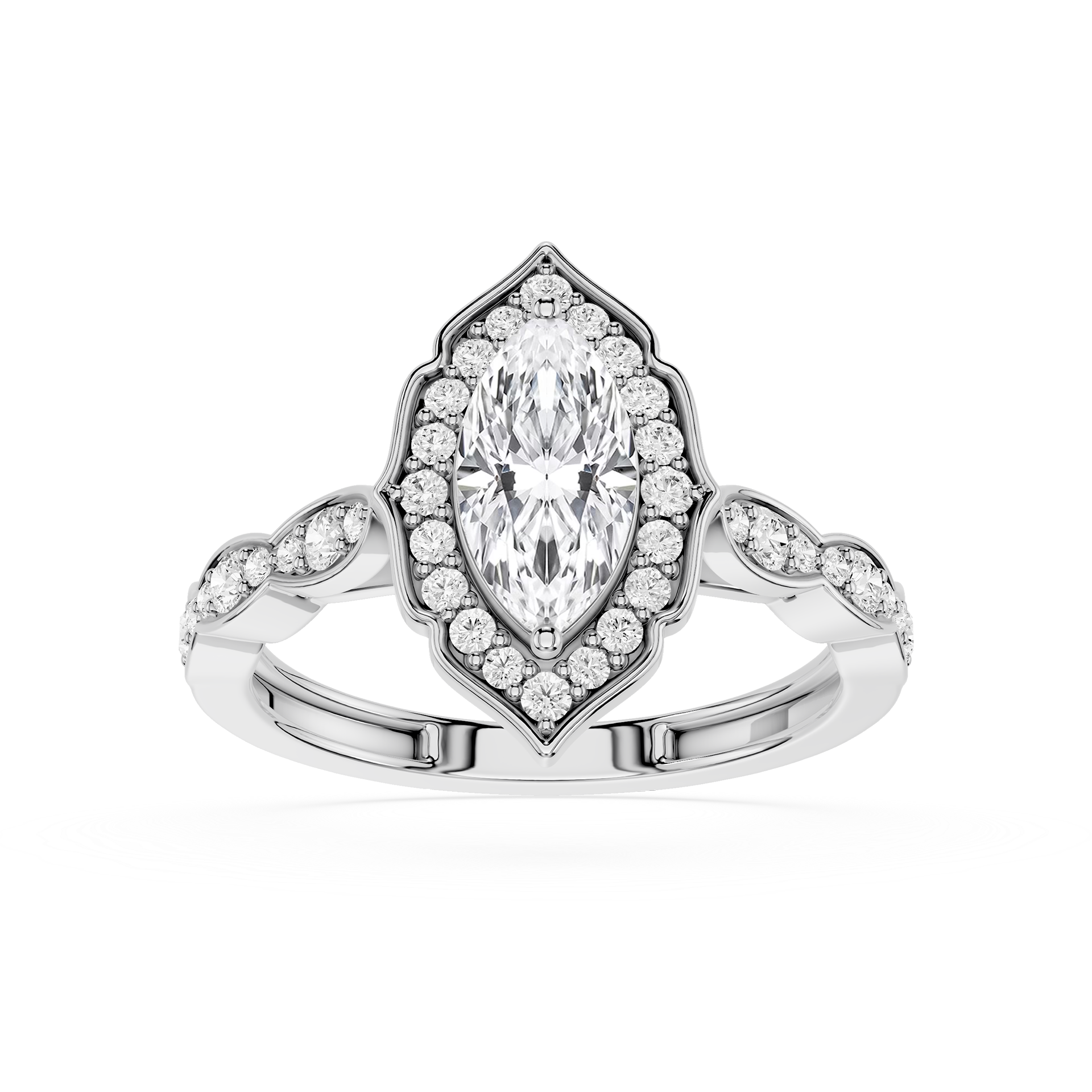 Diamond ring with a pear-shaped center stone on a white background