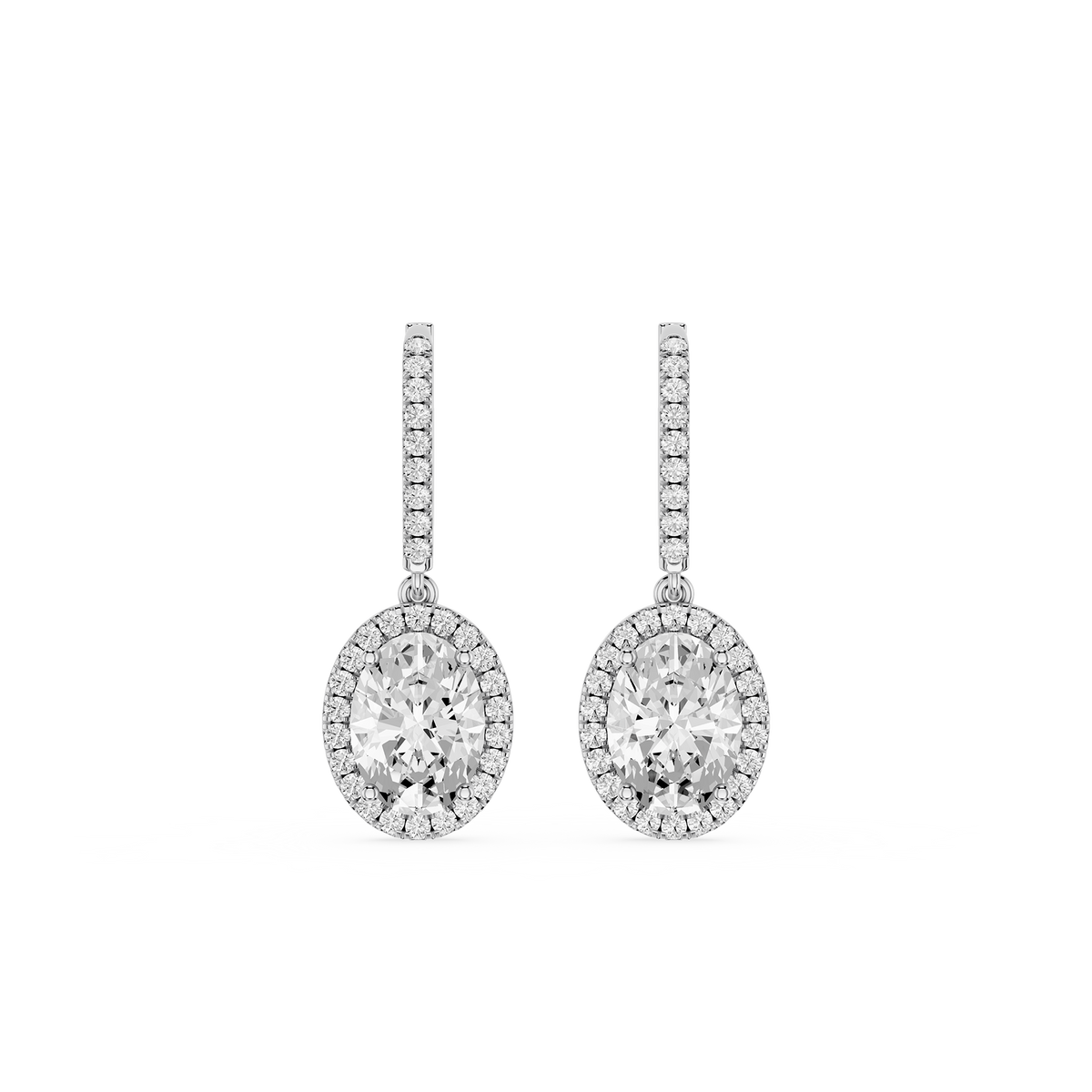 Oval lab grown diamond halo drop earrings with round diamond accent bar in white gold | mvp:WG:001 