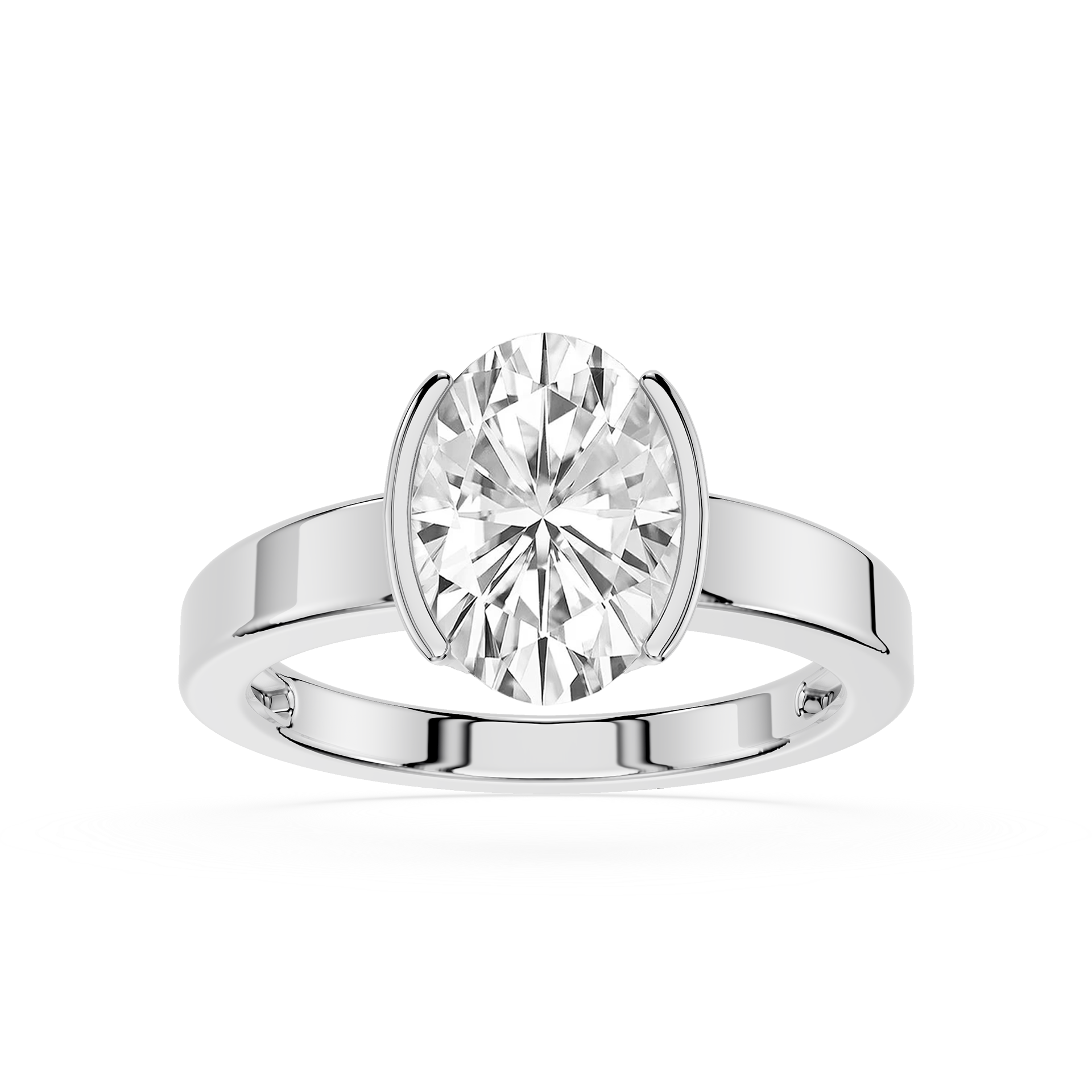 Silver ring with a large diamond on a white background