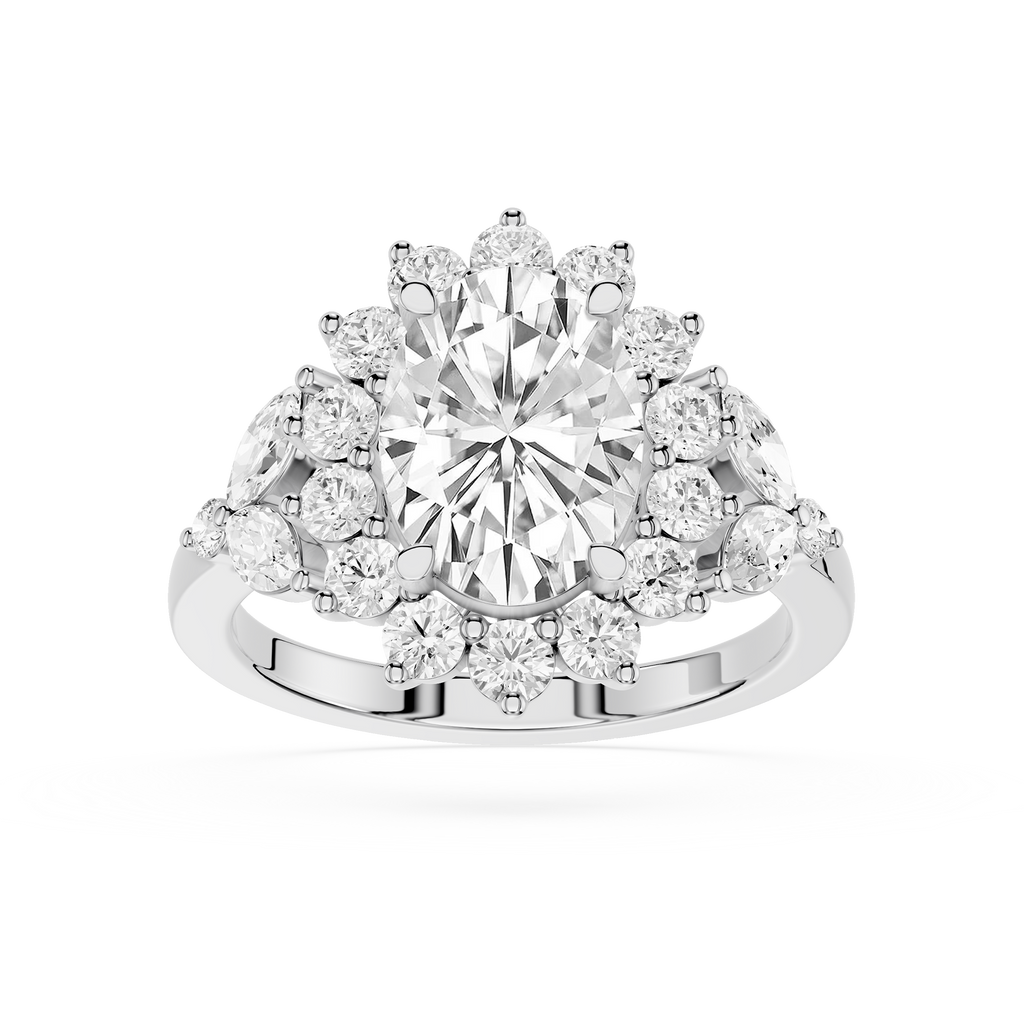 A radiant cluster diamond ring in a silver-toned setting, featuring a large oval center stone surrounded by smaller round and marquise-cut diamonds, shown on a clean white background.