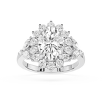 A radiant cluster diamond ring in a silver-toned setting, featuring a large oval center stone surrounded by smaller round and marquise-cut diamonds, shown on a clean white background.