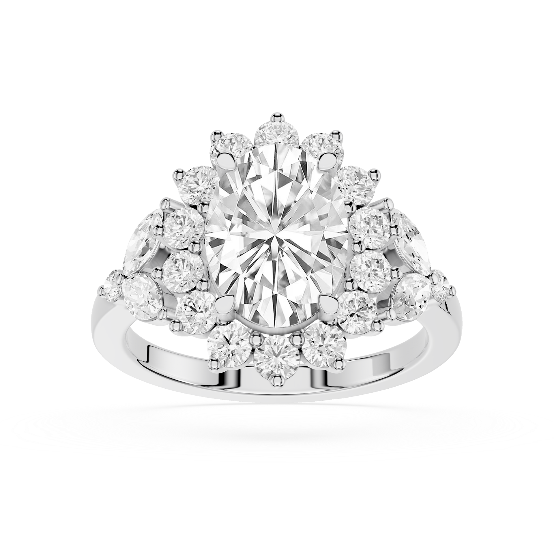 A radiant cluster diamond ring in a silver-toned setting, featuring a large oval center stone surrounded by smaller round and marquise-cut diamonds, shown on a clean white background.