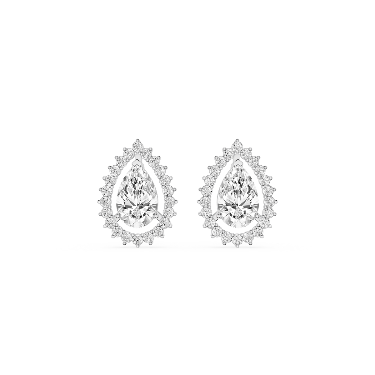 Pear Shape Lab Diamond Halo Stud Earrings in White Gold, showcasing brilliant pear-cut center stones surrounded by round halo diamonds, refined craftsmanship, and secure push-back earrings.