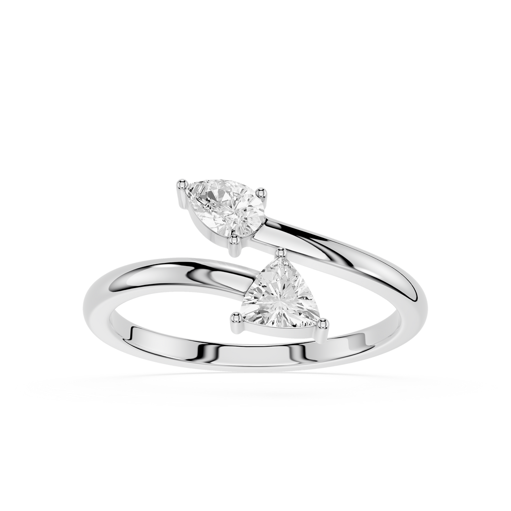 A Silver gold ring featuring two triangular-cut clear gemstones in a split-band design, set against a plain white background.