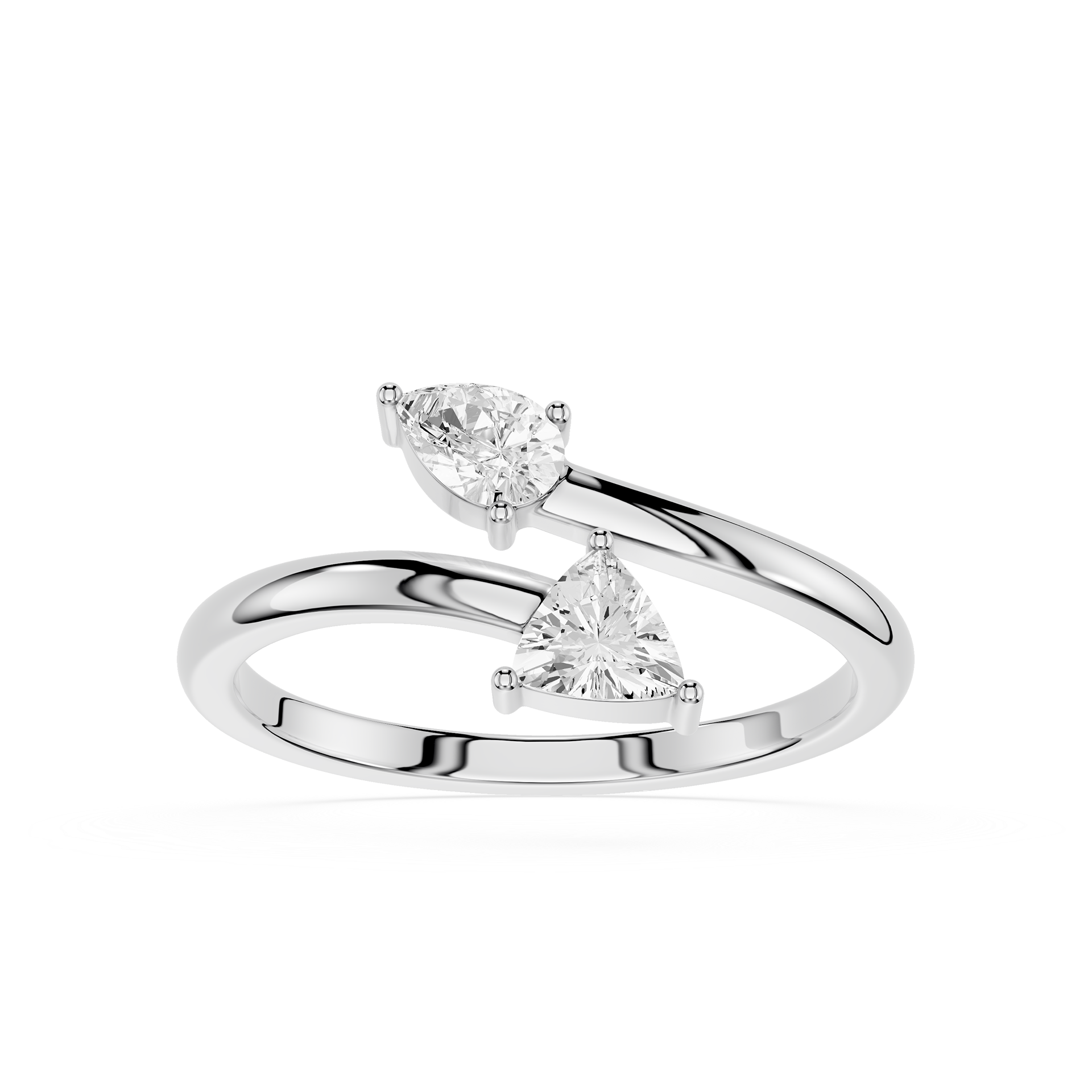 A Silver gold ring featuring two triangular-cut clear gemstones in a split-band design, set against a plain white background.