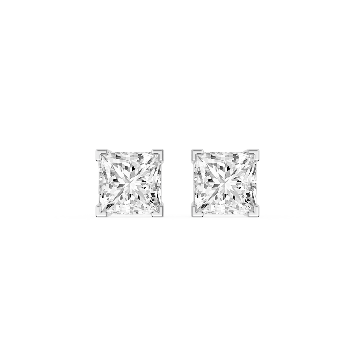 Princess Cut Lab Grown Diamond V Prong Push Back Stud Earrings in White Gold with square-cut center diamonds. Secure corner prongs highlight the geometric shape and crisp sparkle.