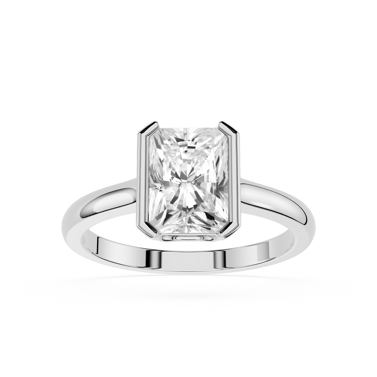 Front View Of White Gold Radiant Cut Lab Diamond Double Claw Prong Engagement Ring.
