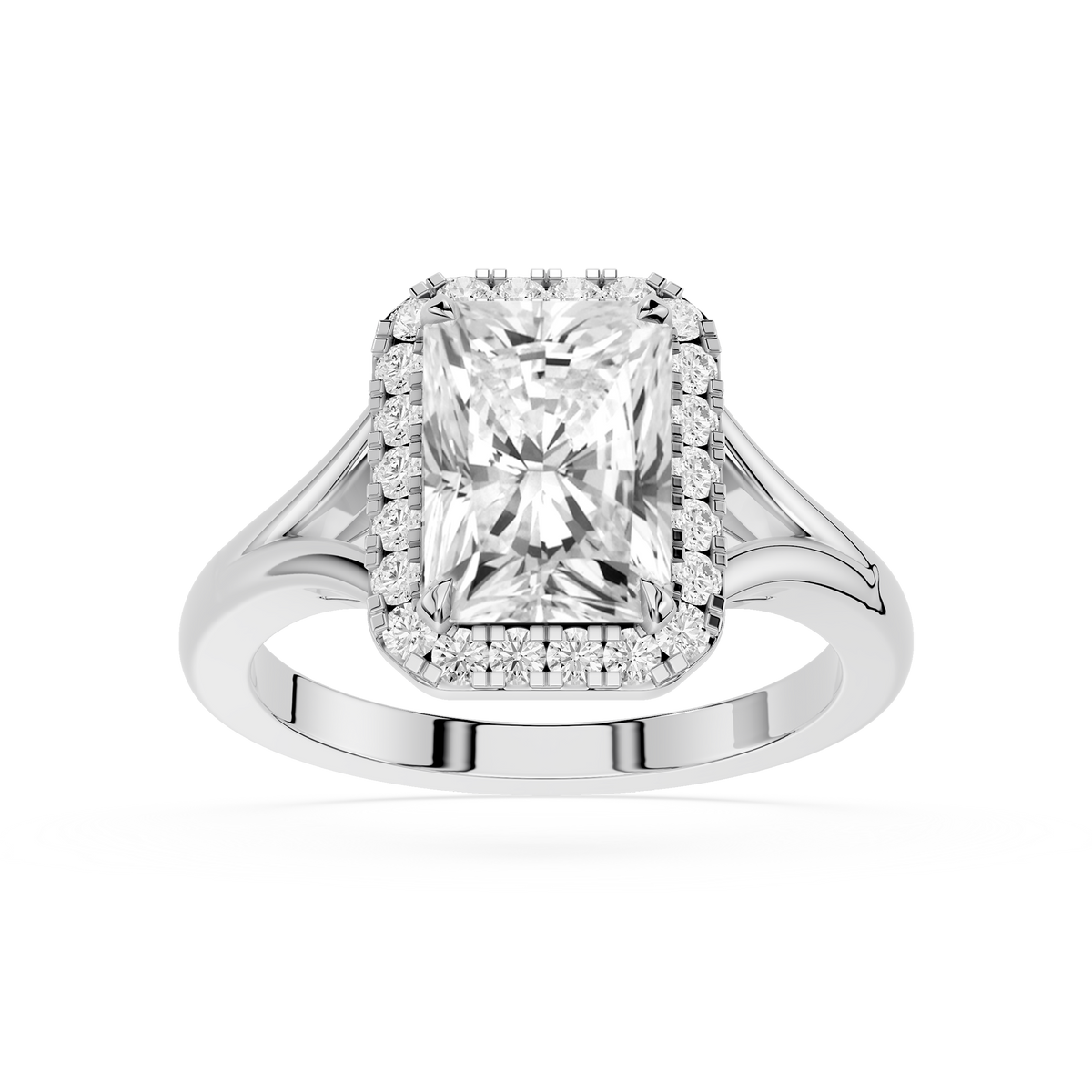 White Gold Radiant Cut Lab Diamond Halo Split Shank Engagement Ring