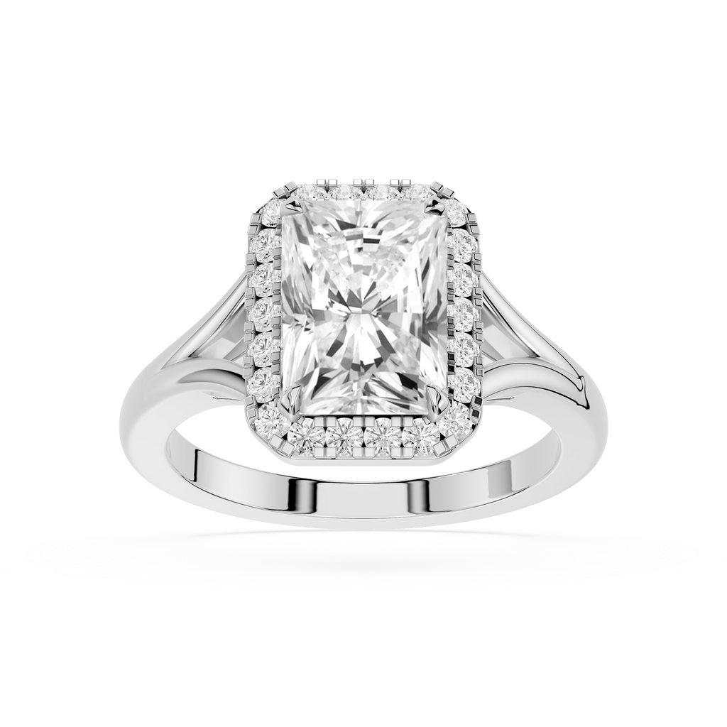 Diamond ring with a large central gemstone and smaller stones on a white background