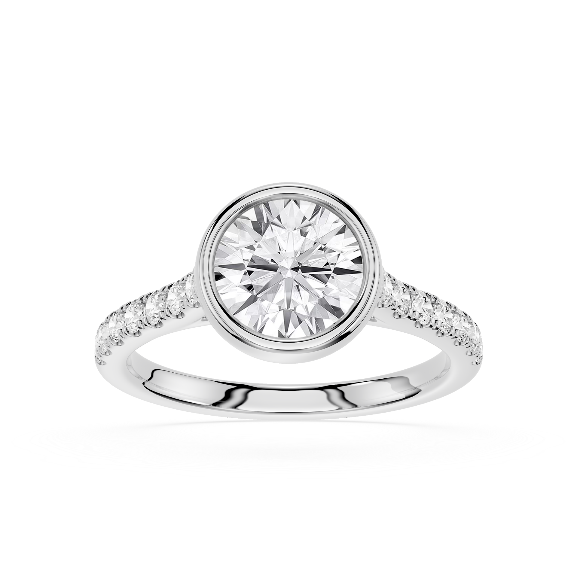 A round-cut diamond engagement ring in a polished silver-colored metal band with pavé-set diamonds along the shoulders, shown on a clean white background.