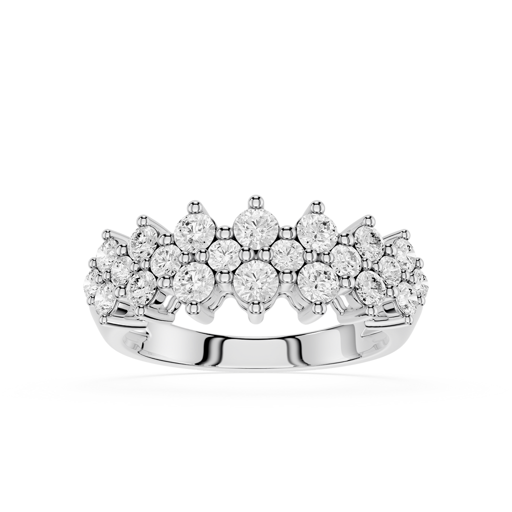 A silver-tone diamond ring with a multi-row pavé setting, featuring round-cut diamonds arranged in a scalloped, tiered pattern on a clean white background.
