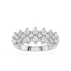 A silver-tone diamond ring with a multi-row pavé setting, featuring round-cut diamonds arranged in a scalloped, tiered pattern on a clean white background.
