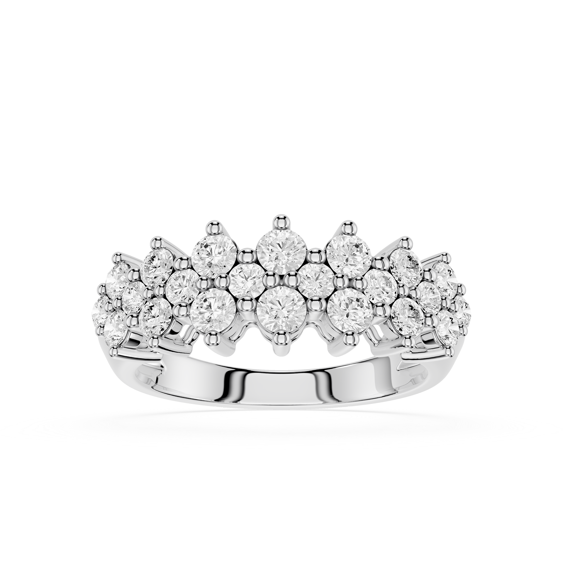 A silver-tone diamond ring with a multi-row pavé setting, featuring round-cut diamonds arranged in a scalloped, tiered pattern on a clean white background.