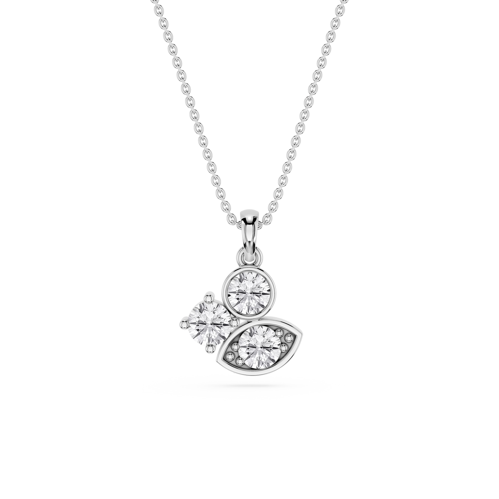 Silver necklace with a pendant featuring three circular gemstones on a white background