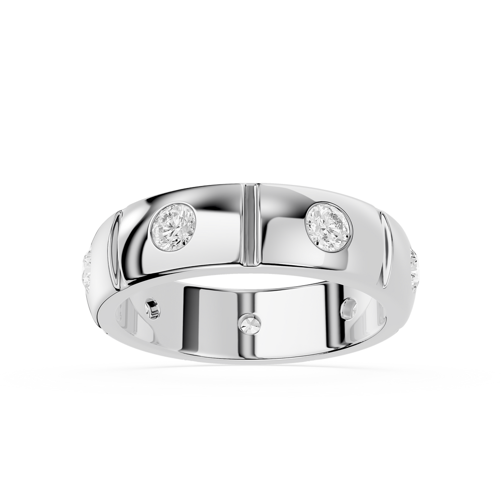 Silver ring with embedded diamonds on a white background